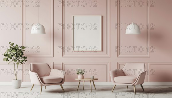 Pastel Interior Classic Mock Up Poster Featuring Soft Armchairs, Plant, And Lamps: High-Quality