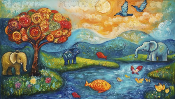 Semi-Abstract Fantasy Oil And Acrylic Painting Depicting A Tree, Fish, Elephant, And Bird In