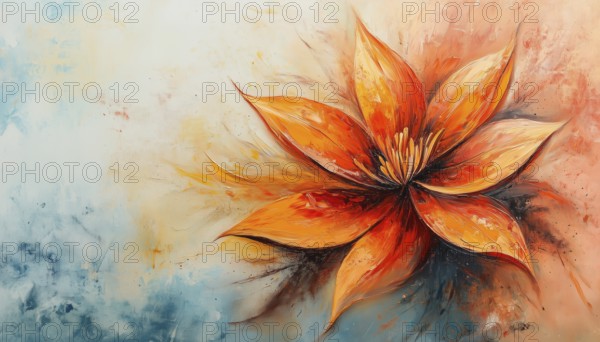 Hand-Painted Abstract Oil Painting Of Full Flower With Orange, Red, Yellow Leaf: Perfect Nature Of