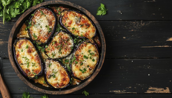Delicious Baked Eggplant With Parmesan Cheese On A Stylish Black Wooden Surface. Plenty Of Room For