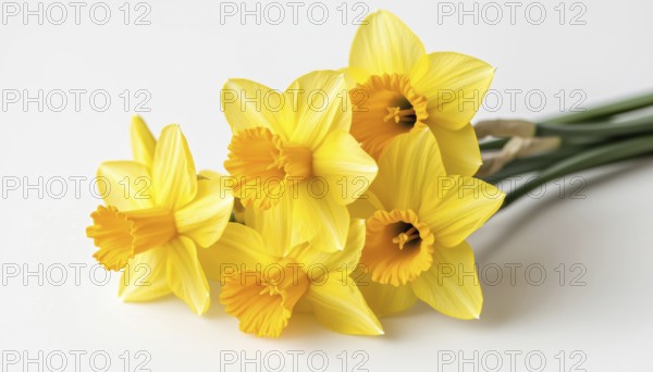 Close-Up Of Stunning Bouquet Of Five Yellow Daffodils On White Background With Clipping Path.