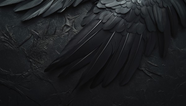 Spooky Halloween Decor: Black Raven Feathers On A Dark Grunge Background. Creepy Gothic Abstract