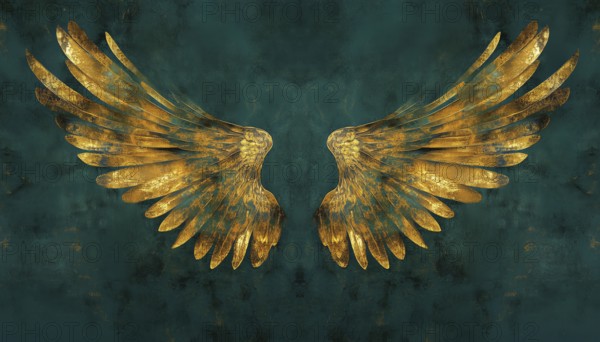 Luxurious Gold Bird Wings With Abstract Symmetry On Dark Teal Blue Green Background: A Stunning