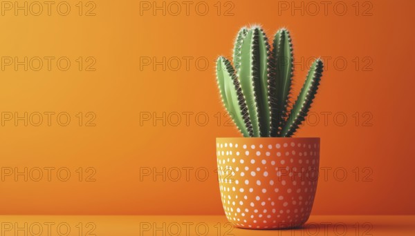 Trendy Summer Green Cactus In Decor Pot On Bright Orange Pastel Background: Contemporary Pop Art