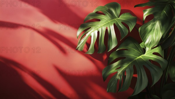 Premium Mockup Featuring Monstera Shadow And Sunlight On Red Wall For Presentation, Branding