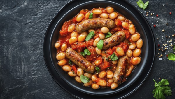 Sausage And Bean Casserole: Served On A Dark Plate With Tomato Sauce, Top View. Ample Space For
