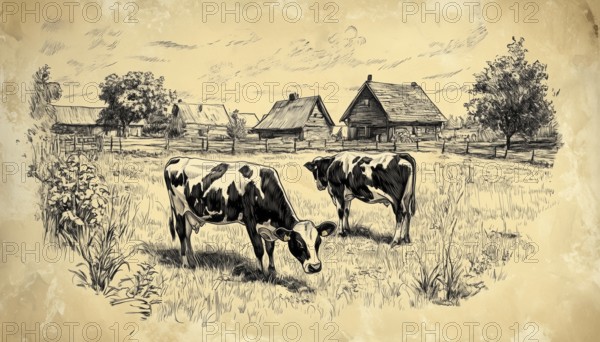 Rustic Charm: Vintage Sketch Of A Dairy Farm With Grazing Cows In The Countryside Meadow And Rural