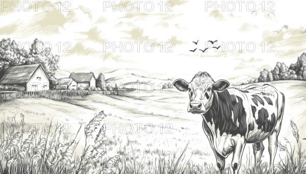 Cows Grazing In The Meadow On A Dairy Farm: Vintage Sketch Of A Rural Landscape In A Quaint Village