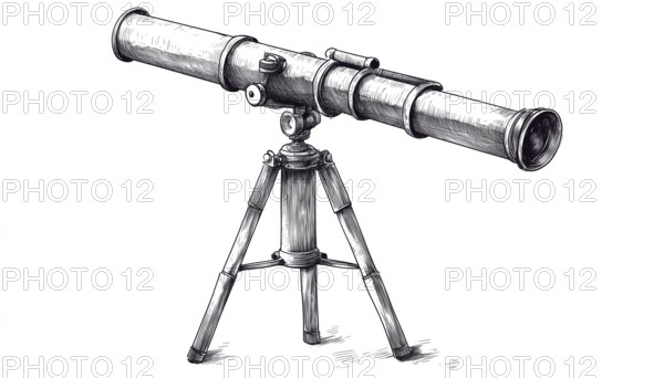 Astronomical Telescope Sketch On Tripod: Hand-Drawn Scientific Equipment Clip Art On White