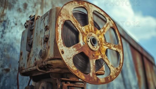 Vintage Outdoor Cinema: The Vintage Analog Rotary Film Projector On Display, Showing Signs Of Age