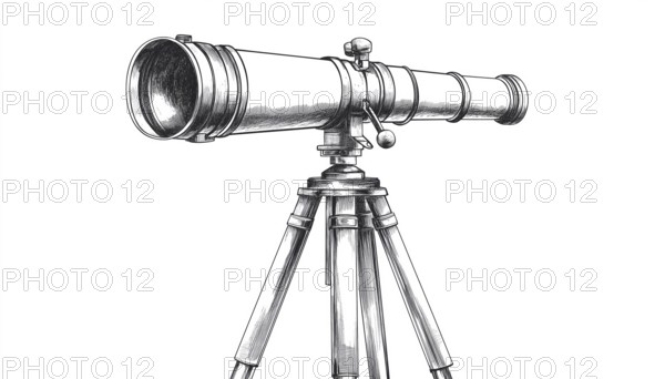 Hand Drawn Telescope On Tripod Sketch: Astronomical Equipment And Scientific Instrument Clip Art On
