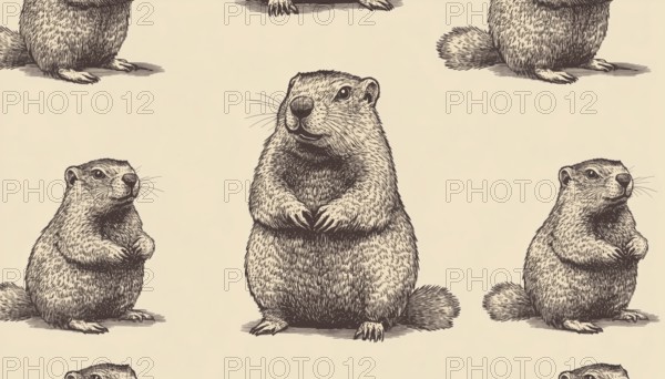 Hand-Drawn Retro Woodchuck Patterns For Fabric, Wallpaper, And Print: Perfect For Groundhog Day