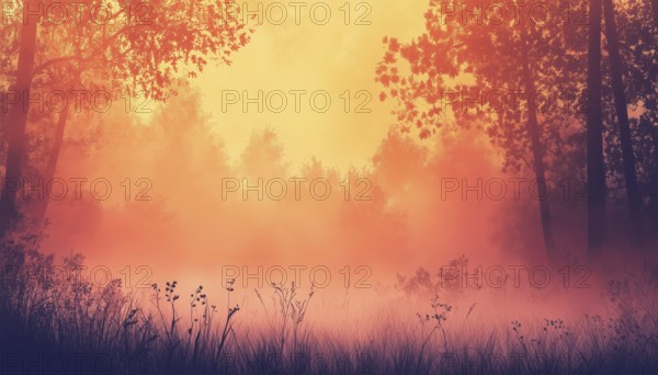 Misty Landscape Of Forest And Meadow With Silhouettes Of Trees And Grass In Orange And Pink Hues.