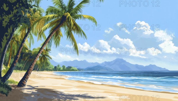 Tropical Sandy Beach With Palm Trees, Stunning Sea And Mountain Scenery: A Tranquil Slice Of