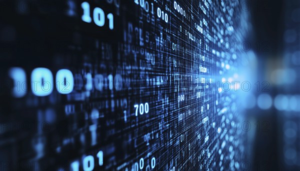 Digital Display Technology: White Numbers On Blue Screen For Data Analysis, Cybersecurity, Computer
