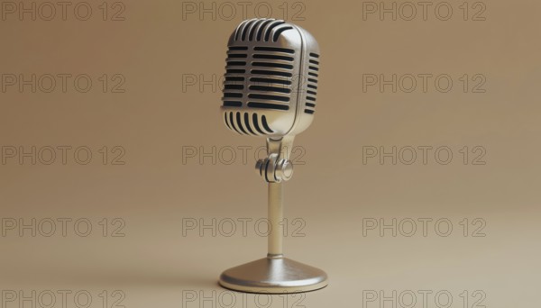 Silver Metal Retro Microphone Realistic Mockup: Square Shape Microphone On Short Leg And Stand For
