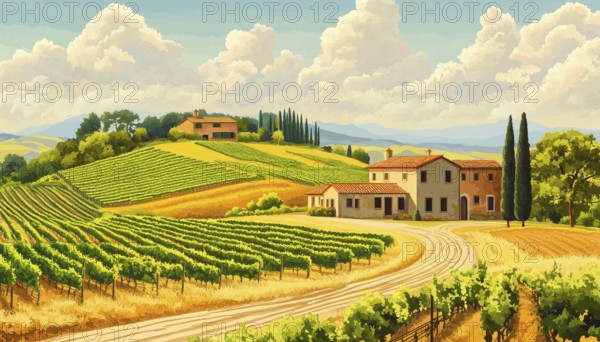 Rural Tuscan Landscape With Farmhouse, Vineyard, Fields, And Hills. Handcrafted Illustration With