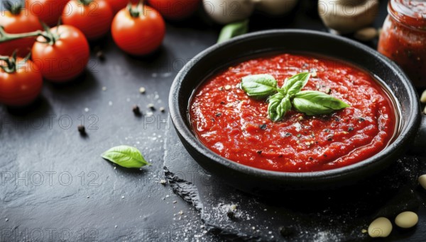 Delicious Italian Tomato Sauce, Pasta Dressing, And Pizza Cooked In A Frying Pan On A Black