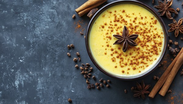 Cinnamon Pudding With Milk, Coffee, And Turmeric: Top View Close-Up Of A Delicious Dessert With