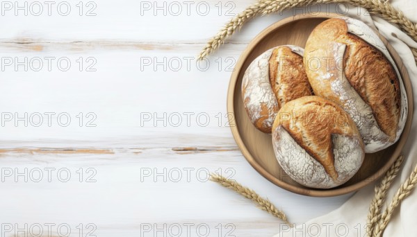 Top-View Presentation Of Fresh Bread On A Plate On A Light Wooden Surface With Copy Space For
