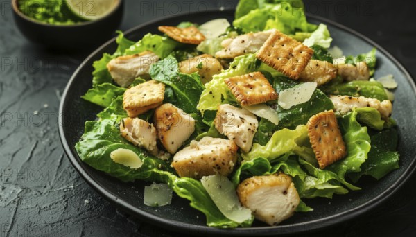 Classic Caesar Salad With Crackers, Romaine Lettuce, And Grilled Chicken On A Black Plate: Side