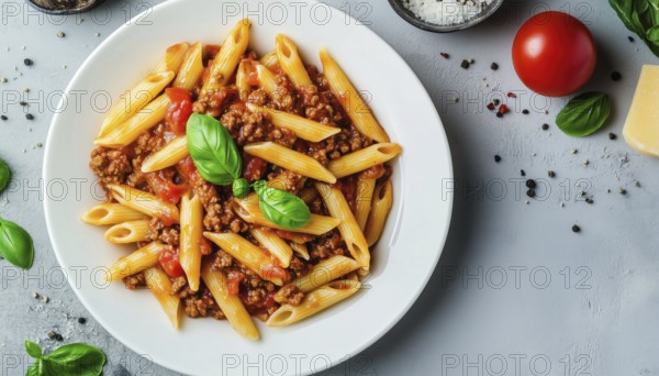 Delicious Penne Pasta With Bolognese Sauce And Fresh Basil On A White Plate Over A Light Background