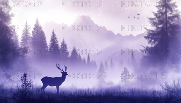 Enchanting Scene Of Deer Family Standing In Meadow Among Trees And Mist In A Violet Bookmark: A