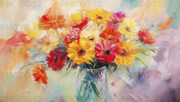 Hand Painted Abstract Oil Painting Depicting Spring Flowers: Yellow And Red Gerbera, Full Bouquet