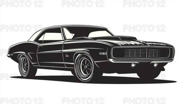 Retro V8 Auto Garage: Iconic American Sports Muscle Car Dealership Logo Featuring Vintage Vehicle