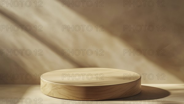 Wooden Round Board With Spotlight From Above: Cylinder Shape Podium And Stand Casting A Shadow On