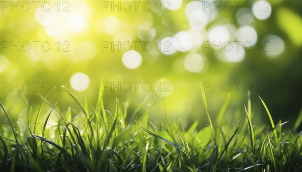 Lush Green Grass In Sunlight With Beautiful Bokeh: Close-Up Of Juicy Grass In Nature Outdoors, Wide