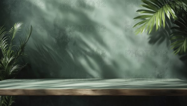 Empty Table On Dark Green Wall With Botanical Shadows: Ideal Mock-Up For Presentation, Branding,