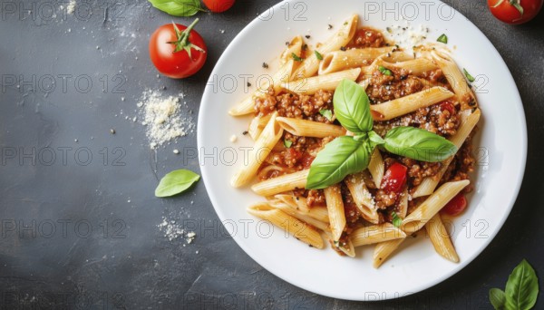 Delicious Penne Pasta With Bolognese Sauce And Basil Served In A White Plate On A Light Background.