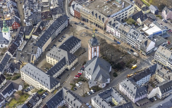Aerial view, Old Town with Town Hall and St. Nicholas Church, Krämergasse and Kornmarkt,