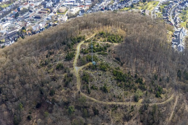 Aerial photograph, hiking trail on Häusling mountain with radio mast, protective sleeves for new