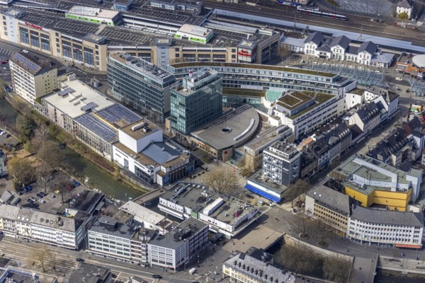 Aerial view, City-Galerie and Sieg-Carré at the main station, Siegen-Kernband, Siegen, Siegerland,