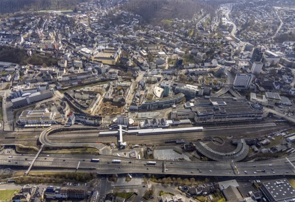 Aerial view, Siegen main station with ZOB bus station, roundhouse, City-Galerie, Sieg-Carré,