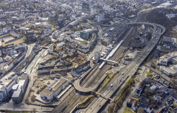 Aerial view, Siegen main station with ZOB bus station, roundhouse, City-Galerie, Sieg-Carré,