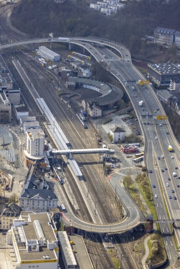 Aerial view, Siegen main station with ZOB bus station, roundhouse, City-Galerie, Sieg-Carré,