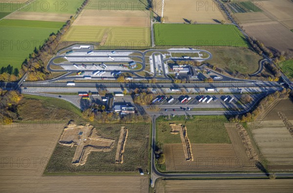 Aerial view, motorway A44 service area Am Haarstrang with construction site and expansion at