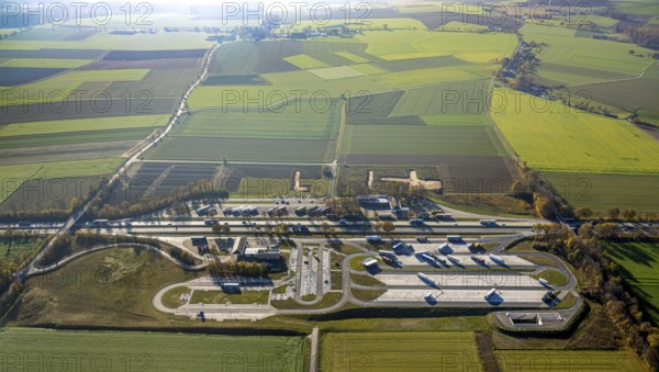 Aerial view, motorway A44 service area Am Haarstrang with construction site and expansion at