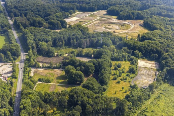 Aerial photo, construction site, landscaping tower in the Werl city forest on the border between