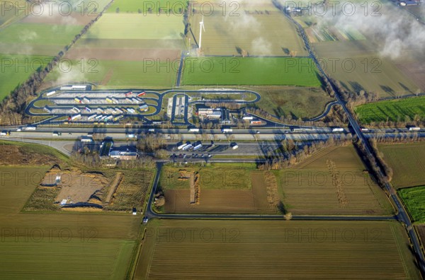 Aerial view, construction site and extension of the motorway service area Am Haarstrang of the A44