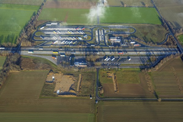 Aerial view, construction site and expansion of the motorway service area Am Haarstrang of the A44