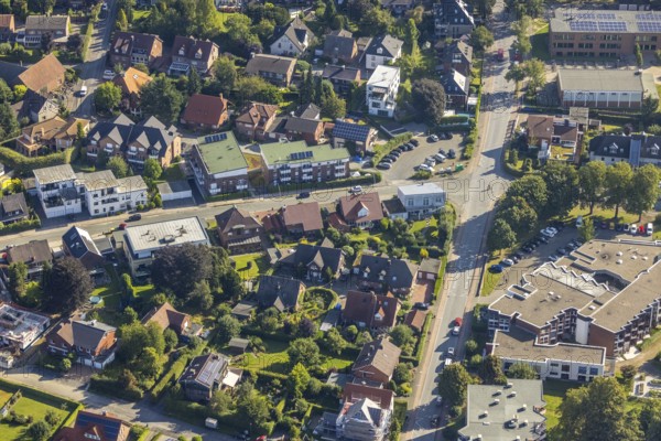 Detailed view of a residential area with many individual houses, streets and green gardens, aerial