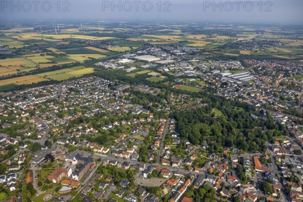 Aerial view, spa garden Wald and city centre, commercial area Hammer Straße, Werl, Soester Börde,