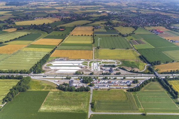 Aerial view, motorway A44 service area Am Haarstrang, construction site and new construction