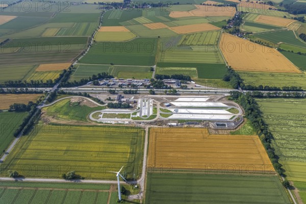 Aerial view, motorway A44 service area Am Haarstrang, construction site and new construction