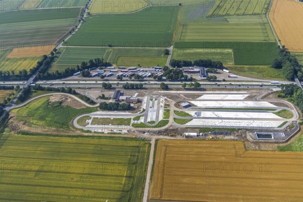 Aerial view, motorway A44 service area Am Haarstrang, construction site and new construction