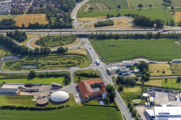 Aerial view, motorway exit Werl-Zentrum, A445, site Bioenergie Hellweg GmbH, Werl, Soester Börde,